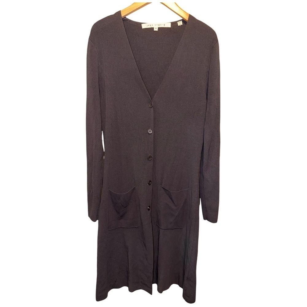 Max Studio Long Black Ribbed Duster Button Down Cardigan with Pockets